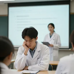 “A sad scientist is presenting at a conference, detailed, high quality”