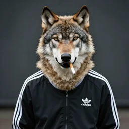 medium shot photorealistic professional photo portrait of wolf in adidas sport suit, with sigarette in mouth, in the style of terry richardson.