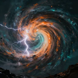 a huge maelstrom with lightning bolts, moody lighting, octane render, orange teal lighting, 8 k