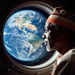 analogue photo of an African tribal chief looking at planet earth out the porthole window of a spaceship, planet earth in porthole reflection, close-up, NASA, photo shot by martha cooper, 35mm,