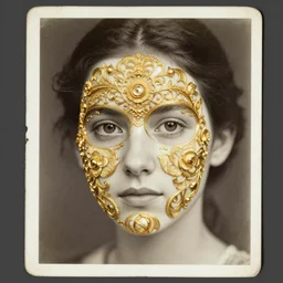 a beautiful girl's face made of ivory and gold filigree, old consumed vintage photo by edward hopper, by Bosch, by klimt, art noveau, highly detailed, strong lights, liminal, eerie, Bright pastel colors, octane render, 8k,