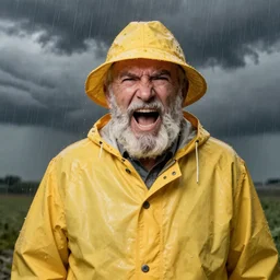 an old man with a beard and a tense facial expression is yelling loud in an old fashioned yellow rain coat and rain hat. a storm is coming in the background, clouds visible. it's already raining. 4 k. portrait. studio lighting. 3 5 mm. nikon.