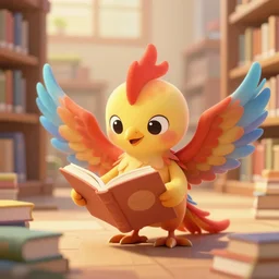 a cute adorable phoenix fledgling learning to read in a library #VRMMORPG