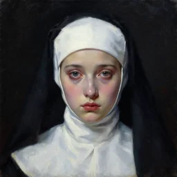 hyperrealism oil painting, complete darkness background, close - up face portrait from above, young european nun fashion model, sad face, pale skin, in style of classicism mixed with 8 0 s sci - fi japanese books art
