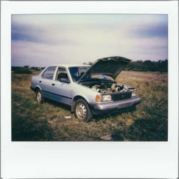 gipsy car broken down in the countryside, polaroid