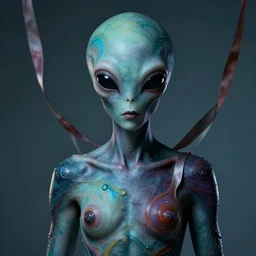 a portrait of an alien with body paint, half figure, fractal shapes, cinematic lighting, ribbons,