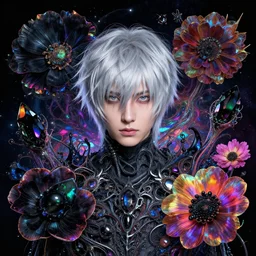 rei ayanami, deep space, seascape, grimes, lain iwakura, silver hair, masterpiece by shikinami asuka langley, cosmos, psychedelic flowers, black opal, rainbow aura quartz, organic, oni compound artwork, of character, render, artstation, portrait, wizard, beeple, art, fantasy, epcot, psychedelic glitchcore