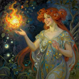 female portrait, smiling hapa sorceress chasing will-o-wisps casting a fireball in a garden, art nouveau painting