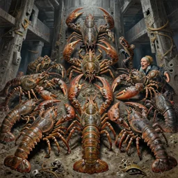 painting of varied filthy rugated armored crustaceans, lancing, clawing & terrified as massive brutalist structure, claustrophobic drag race, clustered by vincente b ballestar, by francesco blanc, & by jack gaughan high resolution, hyper detailed, cinematic, ornate masterpiece, shot on imax with full frame on signature prime lens