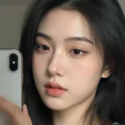 girl with black hair taking a selfie of a bump on her face, close up