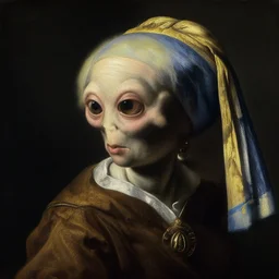 portrait of an alien, oil on canvas, baroque, Rembrandt, Rubens, Vermeer, extremely detailed, masterpiece, rich colours, intense contrast, chiaroscuro, intricate, Dutch golden age