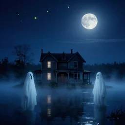 ghosts in old house in the middle of the lake, fog, moon, night sky, yellow stars, deep blue mood, by stanley kubrick
