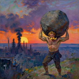 fierce man with golden mustache carrying a boulder on his back on a hill, looking at the toxic industrial city with dark smoke and smog. sun setting through the clouds, vivid iridescent colors. munch, egon schiele, henri de toulouse - lautrec, utamaro, monet