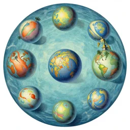 escher style pattern of 3 6 0 panorama, colorful hieronymus bosch balls under wather