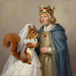 king arthur wearing a crown from arthurian legend getting married to a anthropomorphic feminine squirrel, simple oil painting