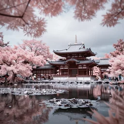 beautiful infrared landscape photography with japanese temple and lily pond by david keochkerian and mike irwin, candy floss trees, ir filter, tilt - shift photography