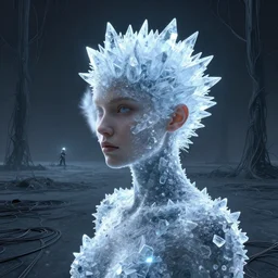 Woman, spiky tesseract-shaped ice crystals on skin, 150mm, shiny, flat background, glowing, wires everywhere, by Edgar Maxence and Ross Tran, Zdzisław Beksiński, and Michael Whelan, distant, gustav dore, H.R. Giger, 8k, octane render