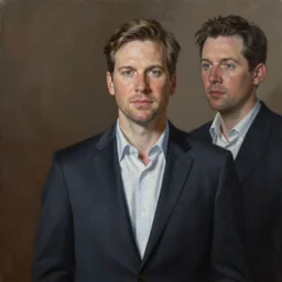 Doug Mastriano getting his head cut off by Ben Shapiro, realist painting