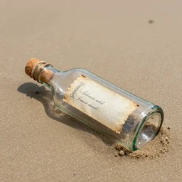 an old message in a bottle washed up on the beach sand from the 1800s, close up, dslr photo 50mm