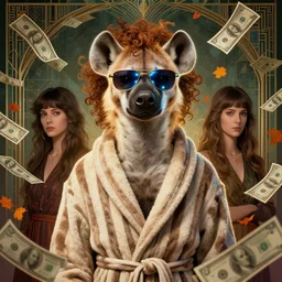 portrait, anthropomorphic hyena, striped bathrobe, curly hair, electric sunglasses, surrounded by floating autumn dollar bills, fantasy, detailed, intricate, luminescent, elegant, coherent, by mandy jurgens, hannah yata and kay sage, donato giancola, detailed, artstation, cinematic lighting, artdeco, art deco outrun aesthetic