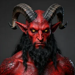 dnd style portrait of a tiefling, male, red scales, red skin, a big black beard, completely golden eyes, 2 black ram horns growing out of his forehead,