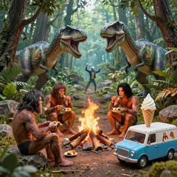 8 5 mm f 1. 8 lit edges, photo, hyper detailed, neanderthal people, first contact with aliens!, eating sushi, surrounded by dinosaurs!, gigantic forest trees, sitting on rocks, bonfire, zoom on alien face, michael jackson moon dance, ice! cream! truck!