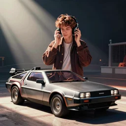Marty McFly listening to music with the Delorean, 80s style