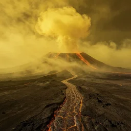 a mountainous planet full of active vulcanoes covered by a dense yellow fog and yellow giant clouds, venus surface, path traced, highly detailed, high quality, 8 k, dramatic lighting, cinematic, high coherence, low contrast, hyperrealistic, concept art, digital art, dark yellow dense atmosphere, lava in the ground, no life, desertic