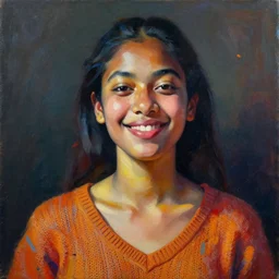 detailed portrait in playful femininity, ethnic, statuesque, happy realistic face, casual wear, knit top, bathed in morning light, chiaroscuro, radiosity, angular impressionism, contrasting highlights, bold color scheme, vibrant, modern fashion, contemporary art, deep rich hues, oil on canvas