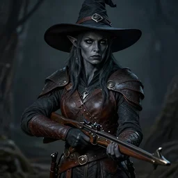 a female drow elf, dark grey skin, serious face, holding a crossbow, wearing a witch hat, hunter, leather armor, medieval, style by donato giancola, wayne reynolds, jeff easley dramatic light, high detail, cinematic lighting, artstation, dungeons and dragons