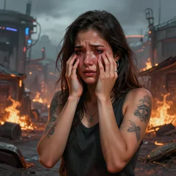 digital painting of a streetwear woman holding back tears, a futuristic shanty town burns in the background, distress, tattoos, 4k, 8k, hd, full color, octane render, trending on artstation, highly detailed