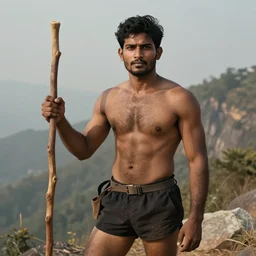 a homoerotic painting of a rugged shirtless desi mountaineer on a mountain peak holding a wooden staff. he is young, muscular, hairy, and has dark brown skin. he is wearing a short tartan kilt, cowboy hat, and boots. tarot card, art deco, art nouveau. by raja ravi varma, by louis comfort tiffany, by albert bierstadt. trending on artstation.