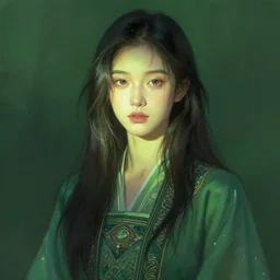 outdoor portrait of a beautiful girl, shades of green, beautiful face, rule of thirds, intricate outfit, spotlight, by greg rutkowski, by jeremy mann, digital painting