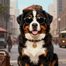 sublime portrait of a cute Bernese with sunglasses in front of a busy metropolis, medium shot, steampunk era