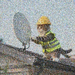 Anthropomorphic Cat in a high-viz vest and hard hat, installing a wireless dish antenna on the roof of a house. f/22, 35mm, 2700K lighting, award winning photography.