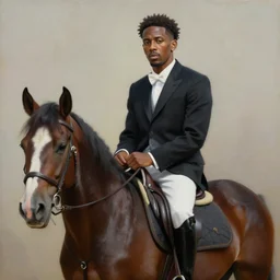 painting portrait of tyler the creator sitting on a horse, realistic, elegant, 4 k, hd.