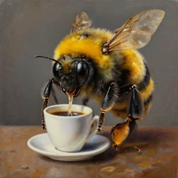 tired nightshift anthropomorphic bumblebee sips a coffee, highly detailed, masterpiece, oil on canvas