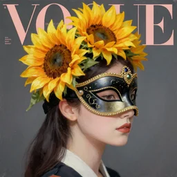 sunflower tiara, masquerade ball mask, korean audrey hepburn, vogue magazine, greg rutkowski, john singer sargent, trending on artstation, anime, oil painting, side profile portrait, looking right, intricate