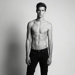 professional black and white studio photo of a ((skinny)) man standing in front of a wall