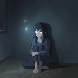 Young Himalayan woman sitting concerned in an empty room with loneliness using psychic powers to make a lighter float| night time scene, plain walls |somber white eyes, long ashy hair | gentle lighting, futuristic, dim lighting, digital art by Makoto Shinkai ilya kuvshinov and Wojtek Fus, digital art, concept art,