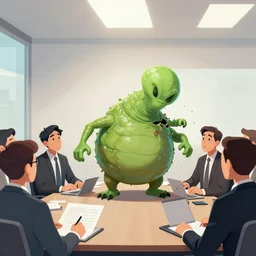 caricature of an alien chestburster ruining a corporate meeting
