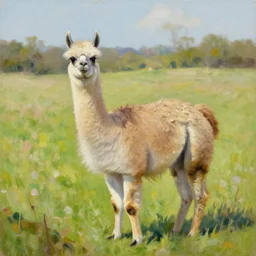 llama in a grassy field on a sunny day oil on canvas