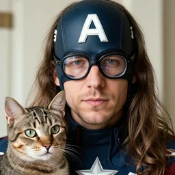 closeup potrait of a Dutch man wearing glasses with long hair as Captain America with his mackerel tabby cat, photograph, natural light, sharp, detailed face, magazine, press, photo, Steve McCurry, David Lazar, Canon, Nikon, focus