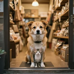 dog and kitten hybrid inside a japanese thrift store, cinematic light, warm colours, atmospheric, bokeh, 8 k photography