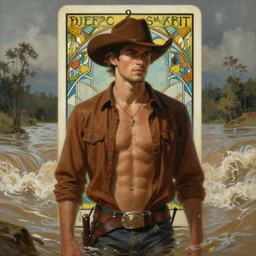 a dramatic, ethereal painting of a handsome brown shirtless cowboy | background is a torrential flooding river | tarot!! card, art deco, art nouveau | by Mark Maggiori | trending on artstation