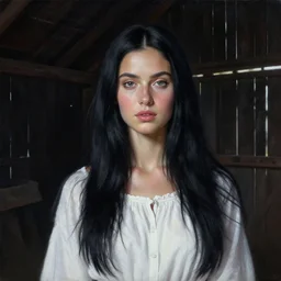 hyper realistic detailed painting of a paludnitsa in a pitch black barn. beautiful face, white dress, long black hair, highly detailed, sharp focus, art by eddie mendoza, wide angle.