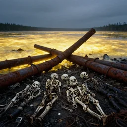 corpses and bones buried in oil and crossed by rusty pipes in a glowing lake of the end of the world, leica, 2 4 mm