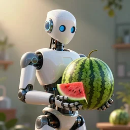 a robot holding a watermelon. sharp focus, trending on artstation, hyperdetailed, illustration, digital art, crepuscular ray, cinematic lighting, unreal engine 5, frostbite 3 engine