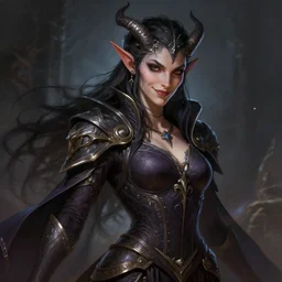 dungeons and dragons portrait of a tiefling sorceress, slight smile, intricate, highly detailed, dynamic lighting, digital art, digital painting, artstation, terence nielsen, sharp focus, illustration, art by artgerm and greg rutkowski and moebius, 8 k