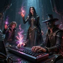 sci fi cyberpunk fantasy art prompt magicians casting spells with keyboard, by greg rutkowski ultrahd dark volumetric lighting hyper detailed unreal engine octane render